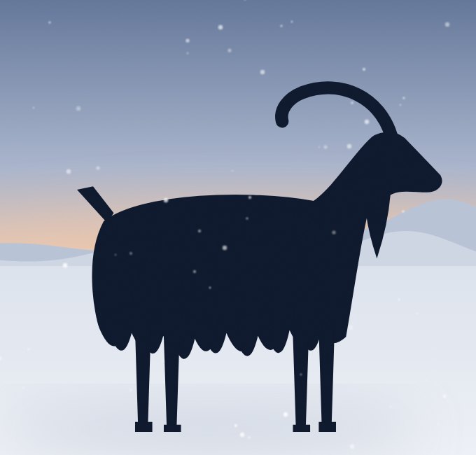 Silhouette of a cashmere goat on the snowy Gobi steppe